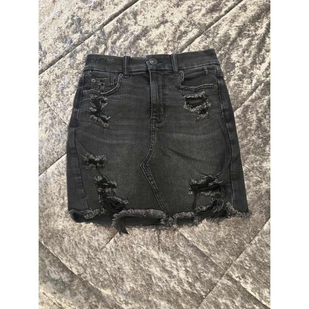 American Eagle Distressed Black Denim Mini Skirt Junior's 00